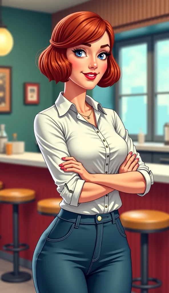   Masterpiece ,flat comic, waitress, jeans,blouse, bob square,  turns around