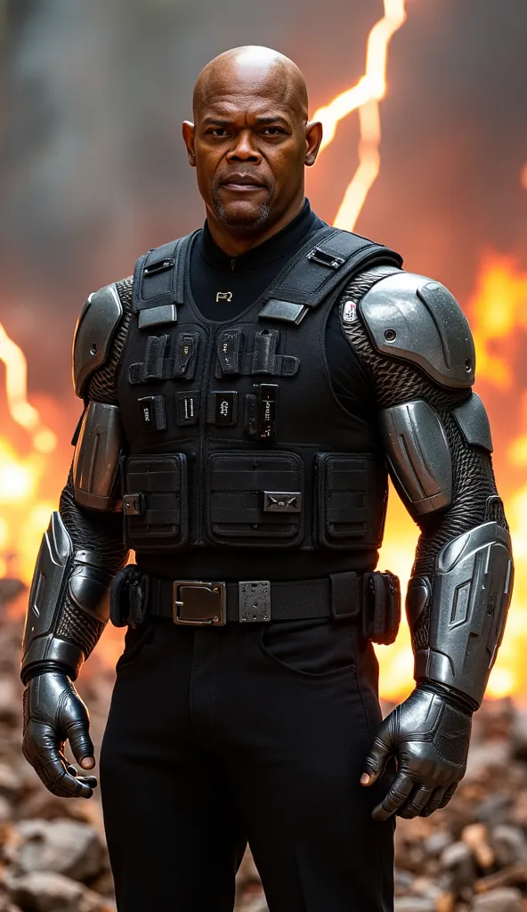  Here is a detailed prompt to generate a super realistic image , with a brilliant and detailed look, focused on the upper body: "Realistic and humanized hyper-realistic close-up 
 Samuel L. Jackson as Jax with super bright adamantium forearms would be an a...