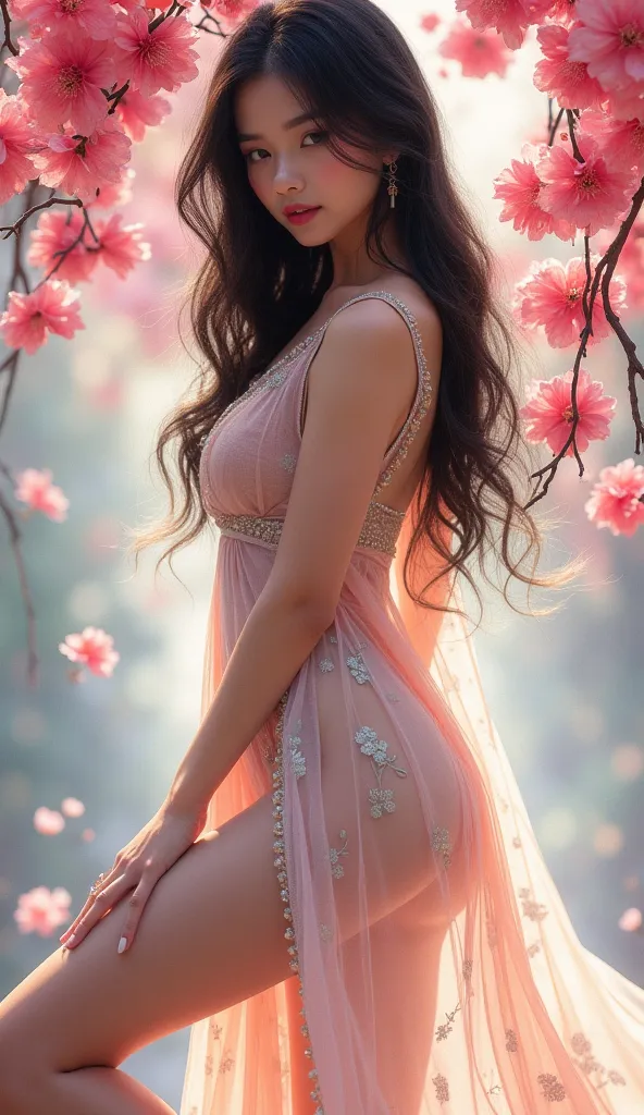 A fantasy scene portrait of an exaggerated Thai and Chinese mixed race beauty,  inspired by multiple art forms .  girl,  wearing a breathable pastel floral dress ,  elegantly reveals one leg ,  and long black hair slanted downwards ,  standing in a bloomin...