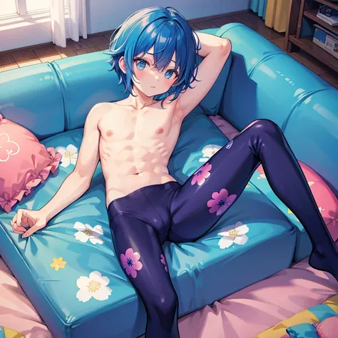 Anime boy in Blue Floral leggings colorful playroom shirtless