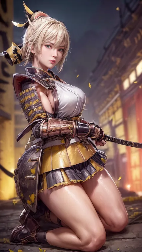 young woman,Oiran,warrior,(wielding a huge_weapon:1.3), very detailedな, realist,(from front, full body, look at viewer:1.6), Brilliant Appearance ,extremely detailed, Imaginative,sensual,spontaneous,top quality,  skin texture,(very short hair:1.8),(Rose go...