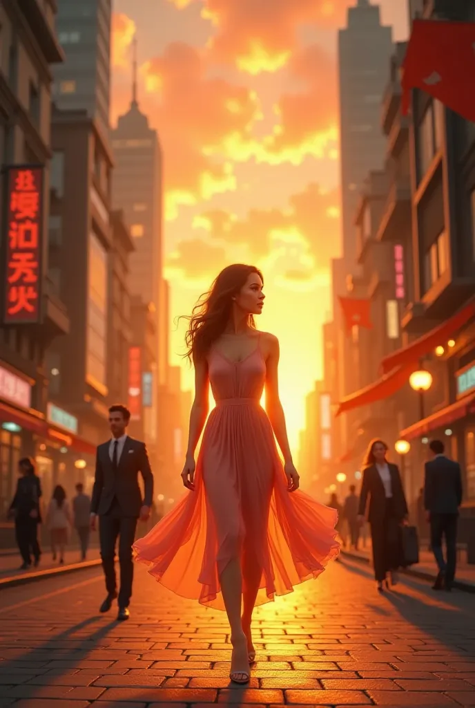 sunset, one beautiful women walk in the city