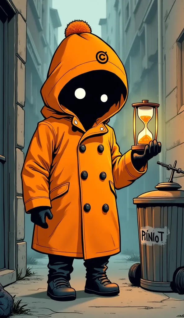 "A mysterious, short character wearing an oversized orange raincoat with large buttons. The coat has broad shoulders that curve inward, concealing most of the character's face, leaving only two round, white eyes visible against a completely black face. The...