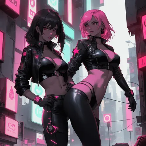 Cyberpunk futuristic style, dramatic high-contrast lighting. A seductive and powerful female character with a commanding aura. She wears a tight-fitting leather bikini, accentuating her curves. A mysterious Crimson Emblem, resembling a succubus mark, glows...