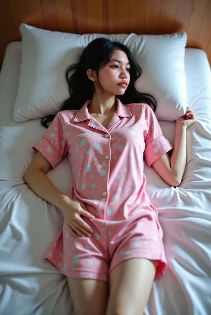 ((excellent performance, Top Quality, Translucent Kit, 8K high detail CG wallpaper)),  beautiful Japanese girl ,  beautiful Japanese girl , lying in bed, ( lying on white sheets , wearing a big blouse and pink floral pajamas:1.5), -Yield, Low light, Night ...