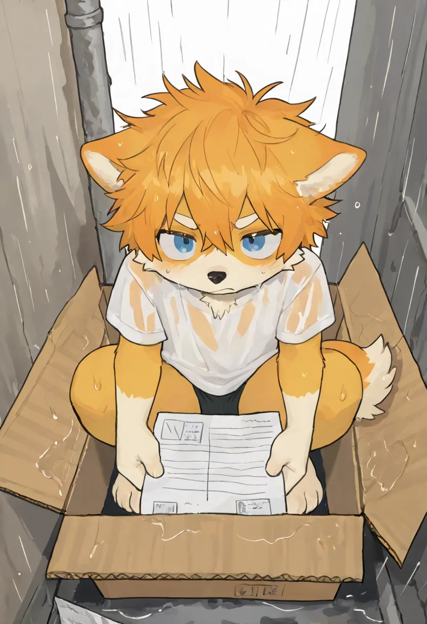  source_ furry, hadrian , furry male， elementary school students，((boy    )),  Dog boy      ，short hair,masterpiece, newest,absurdres, incredibly absurdres, messy hair，Horizontal paper box，Wet Clothes，alone，barefoot，white shirt， in the box, in a container，...