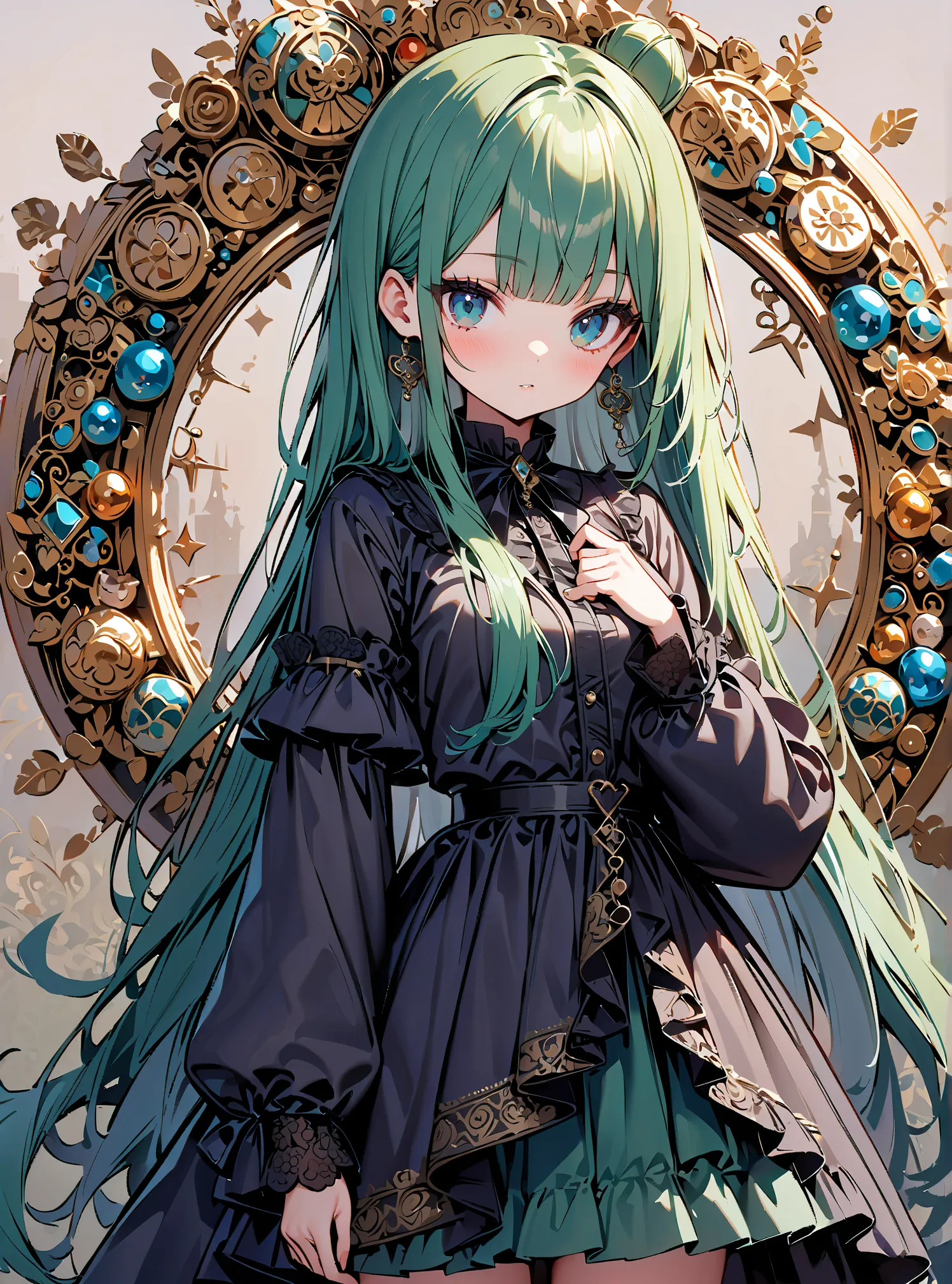 1 Girl, cute, (((masterpiece))), many decorations, high quality, high quality, (((extremely detailed))), 8k, background design,Long Hair,(((aqua-green straight hair))),bun hair,gothic,frill,lace,black,gold,bangs bang,(((background Design))),kirakira,(((
Co...