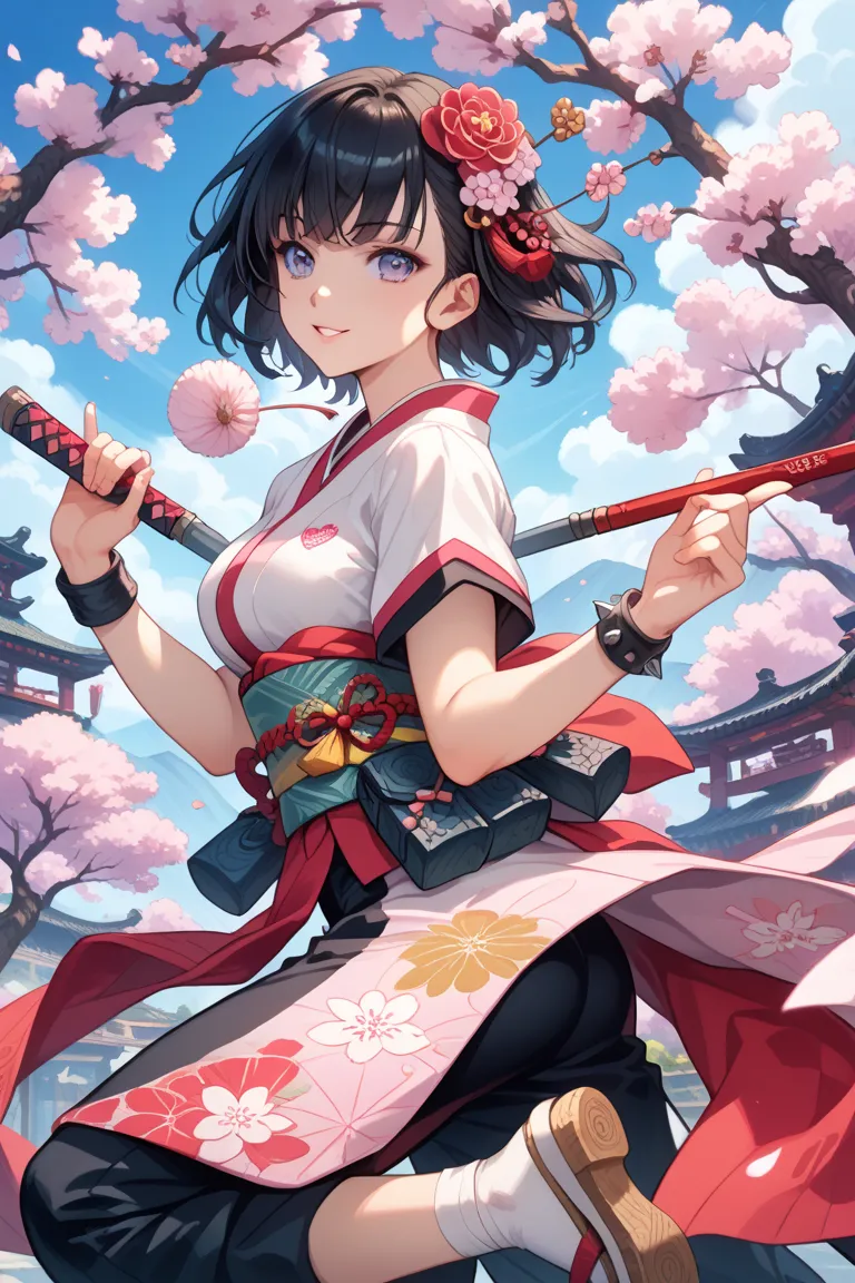 Iga Ninja, female, 20 years old, black short hair, flowing bangs, kimono with traditional pattern, designed for movement, short sleeves, chest emblem, back emblem, light shoes with spikes, hair accessory with poison, waist pouches for ninja tools, arm brac...