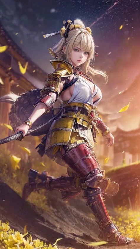 young woman,Oiran,warrior,(wielding a huge_weapon:1.3), very detailedな, realist,(from front, full body, look at viewer:1.6), Brilliant Appearance ,extremely detailed, Imaginative,sensual ,top quality,  skin texture,(very short hair:1.8),(Rose gold blonde h...