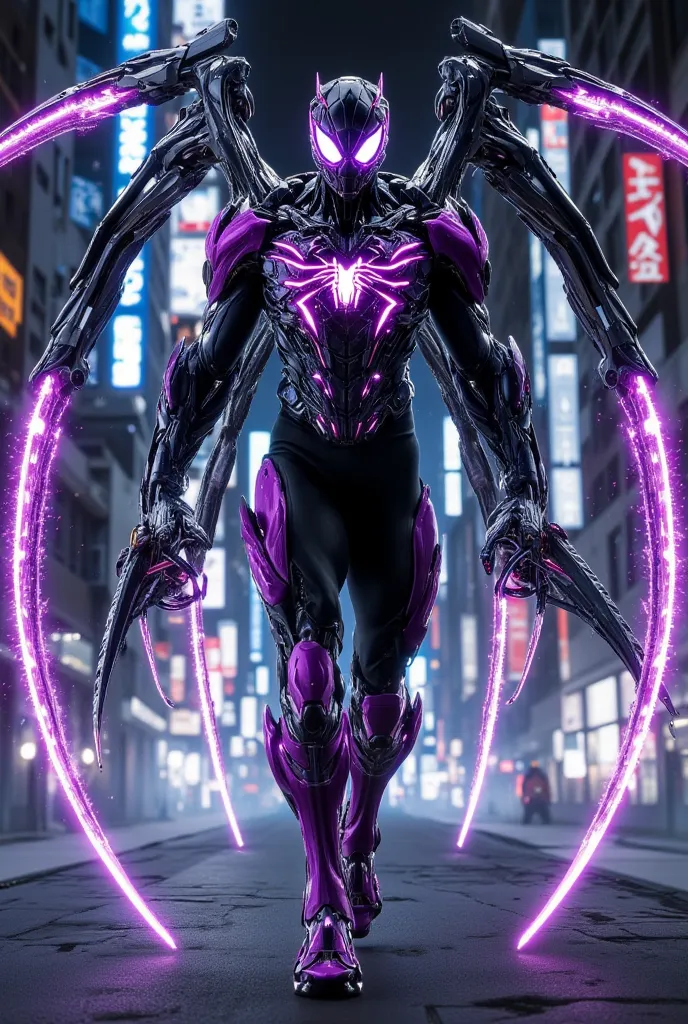 "Create a video of Spider-Man in a futuristic, high-tech mecha suit with a sleek, Violet and black design. The suit has glowing web patterns running across it, and advanced spider-like mechanical limbs extend from the back. As he walks toward the camera, t...