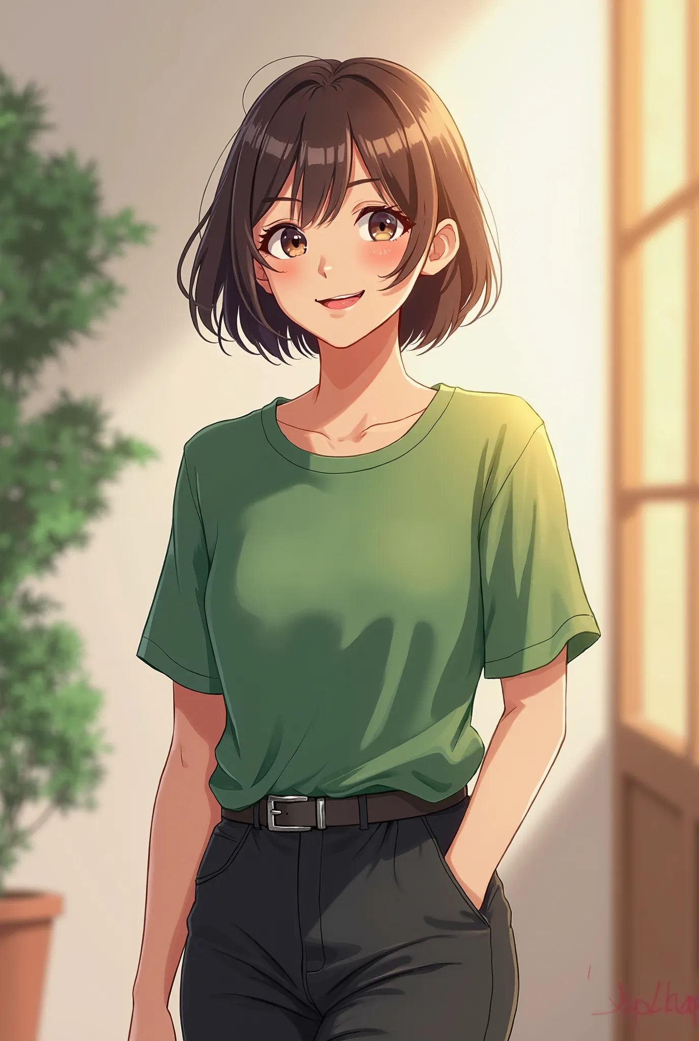 Short haired girl with green shirt and black pants