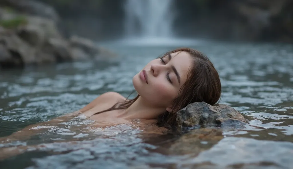 Normal shot of a woman bathing naked in a natural hot spring and resting her head tilted on a rock.  The woman is 30 years old ,  he has white skin, It has a very short forehead,  almond-shaped and closed eyes , long eyelashes, very thick and dark ,  dark ...