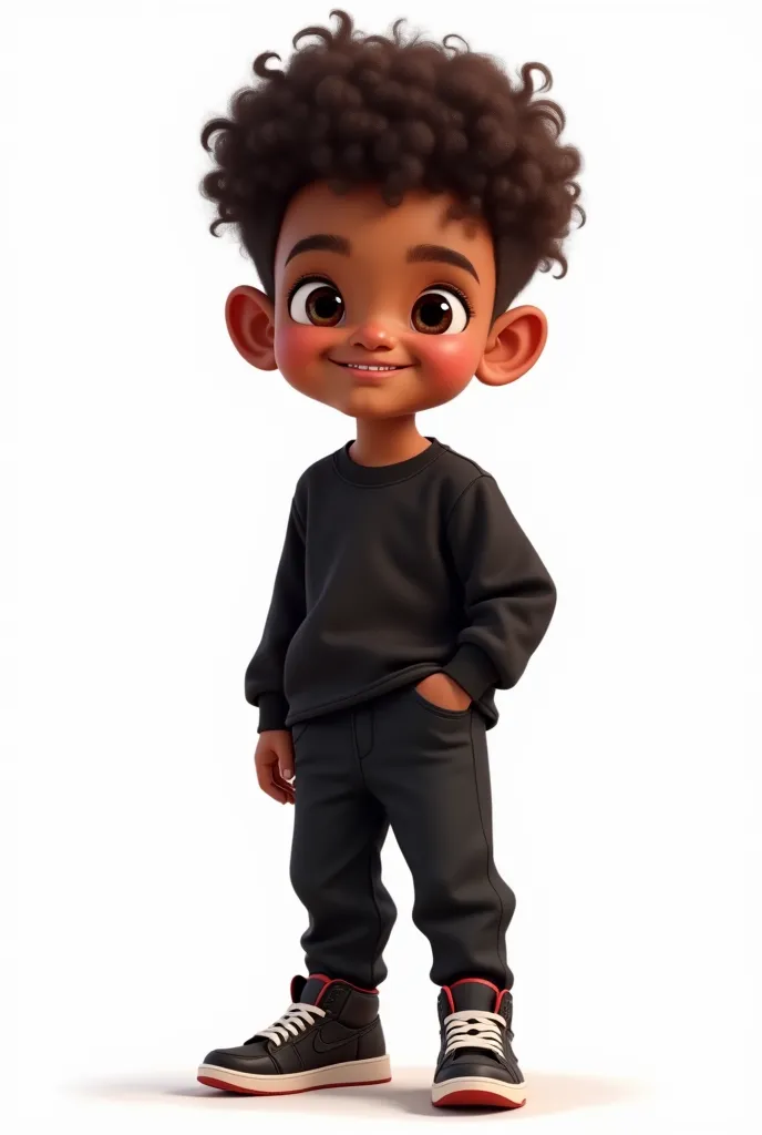 Digital art illustration of a  dark brown boy,  with dark brown curly hair , brown eyes  , nose , big ears , smiling , black sleeve blouse , Jordan black pants and sneakers,full body image with white background 