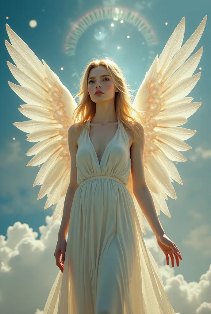 Angel with a human form that behind it are the doors of heaven (The sky is blue), And the image is like Mona Lisa