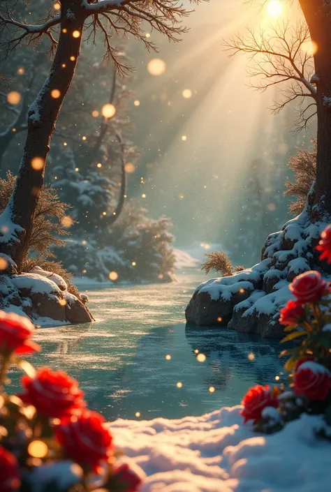 a frozen lake with snow, red roses with golden snow falling from the sky, sun sparkles and sunspots, 8K, ultra-detailed, realistic, HDR, studio lighting, physically-based rendering, vivid colors, landscape, concept art, digital painting