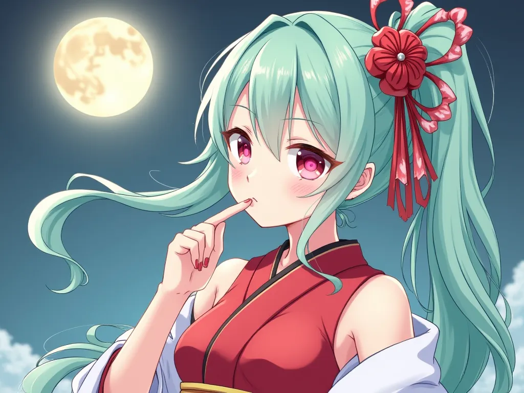 Mint-colored hair, long ponytail, red and white kimono dress, Japanese style hair ornament, beautiful illustration, pink eyes, looking down at the moon, sticking out your tongue and licking your fingers, sexy