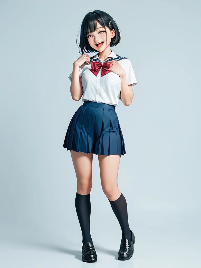 一个女 High school students ，girl， High school students ，beauty， short hair，Very happy，school uniforms，exaggerated action， body movements ，Vision，Full body picture，Dance