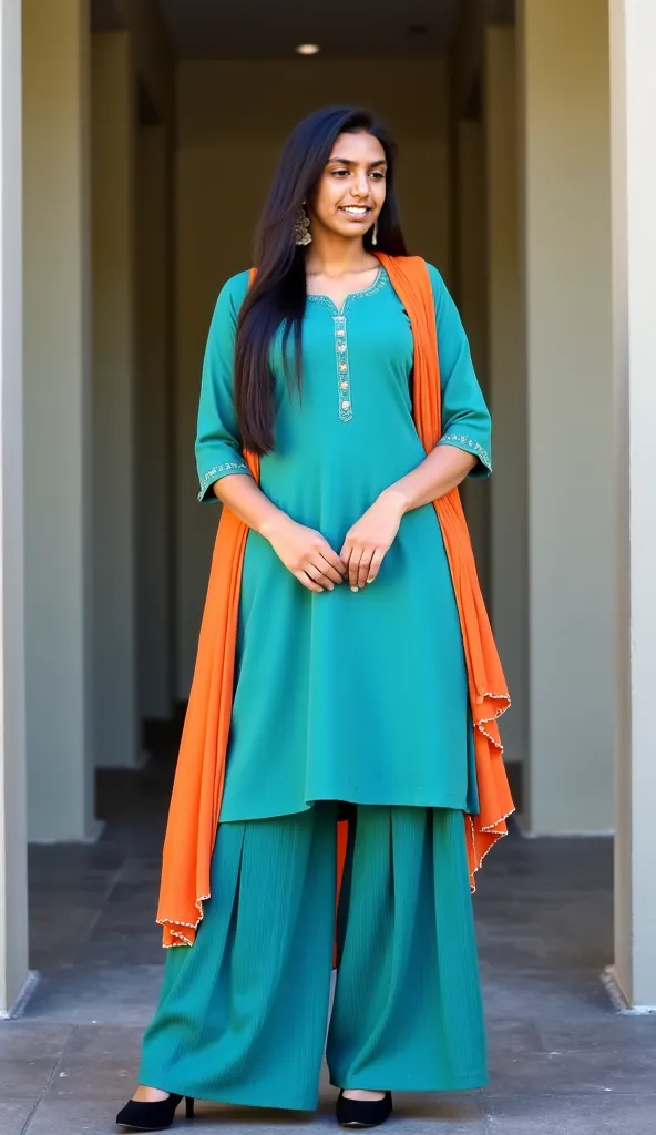 Full shot of a woman wearing a teal-colored Punjabi salwar kameez, show body curves 


The woman is positioned in a three-quarter view, slightly angled to her right. Her expression is neutral. She has long dark hair. 


The salwar kameez ensemble consists ...