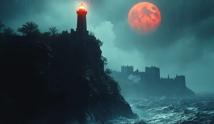 lighthouse on a cliffside, blood moon, red rain, cinematic, detailed dramatic landscape, dramatic lighting, moody atmosphere, dramatic clouds, crashing waves, dark castle in distance, volumetric fog, photorealistic, 8K, HDR, physically-based rendering, mut...