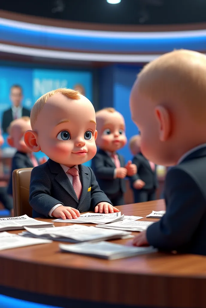 A hilariously chaotic TV news studio where all the journalists and politicians are oversized, ultra-realistic babies dressed in formal suits. The main baby news anchor sits at a messy news desk, wearing a suit that’s too big for him, with an oversized micr...