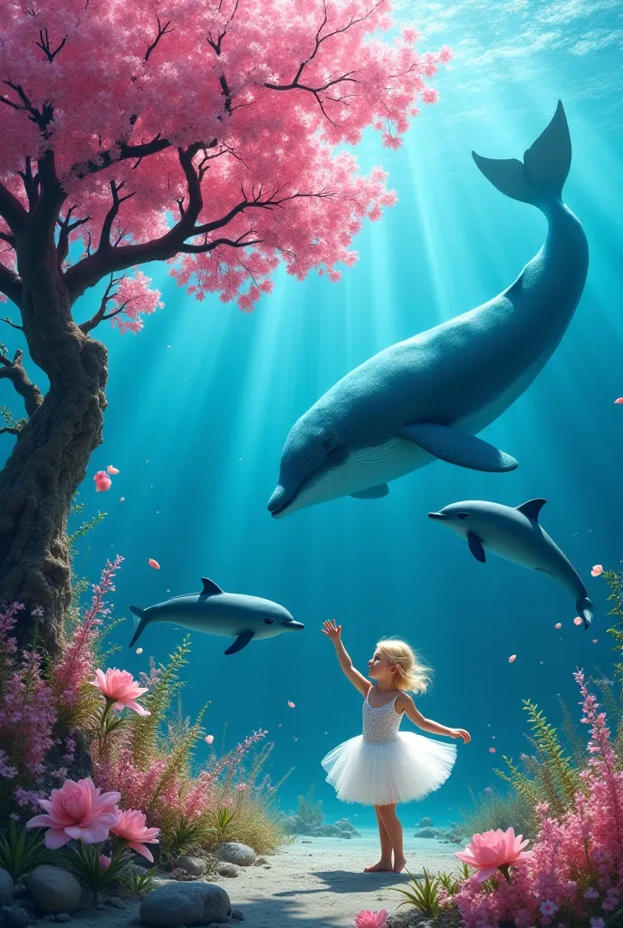 Paysage sous-marin. Un arbre à fleurs roses. Une petite fille blonde vêtue d'un tutu blanc danse joyeusement. Autour d'elle une baleine et des dauphins nagent avec grâce 