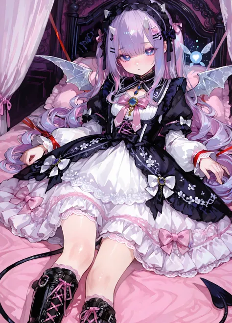 The girl is a devil/ pastel goth. She has very long curly puffy purple hair with pink highlights with many white bow-hairpins. She has a bat wings onher head. She has navi blue eyes with hearts-shape pupils. She has long white horns with pink ribbons. whi...