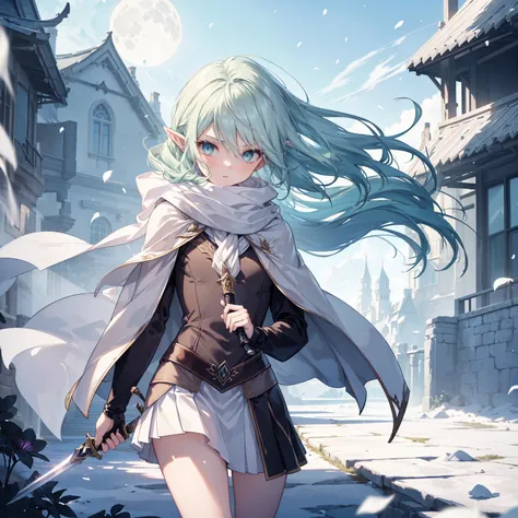 ((Female Elven Swordsman, Sword held forward, Wind blowing, Dynamic movement)), ((Strong shadows, Wind effects , Floating petals)), Delicate hair, Delicate eyes, ((Masterpiece, Top quality)), High quality, Masterpiece, ((High quality, Female Elven Swordsma...