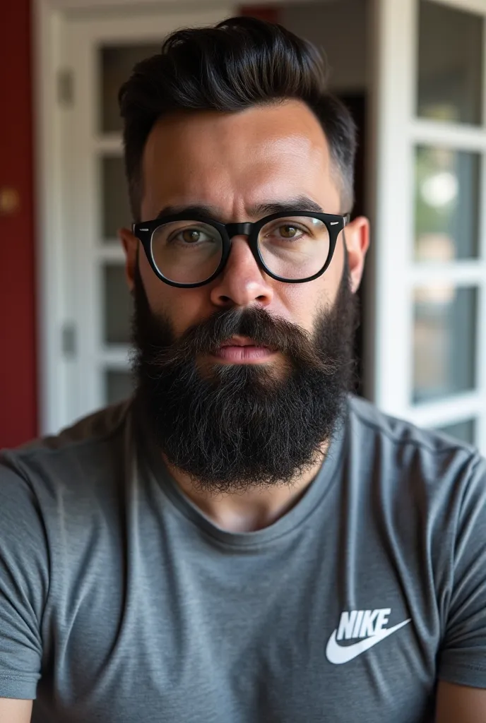 A man with a full beard and well-groomed dark hair, wearing round black-framed glasses and a gray t-shirt with the Nike. His expression is serious and he is in an interior environment with a white and red door in the background. The lighting is natural and...