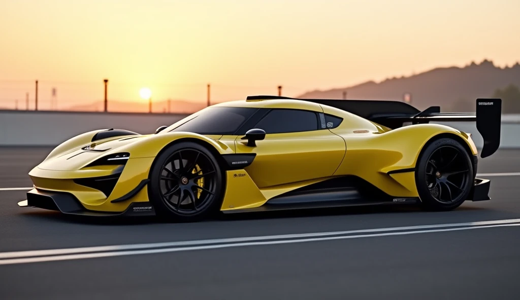 A side profile of the Porsche Mission X hypercar in yellow and black, parked on a high-performance track at sunset. The ultra-low stance, flowing aerodynamic lines, and sculpted air intakes emphasize its speed-oriented design. The contrast between the glos...