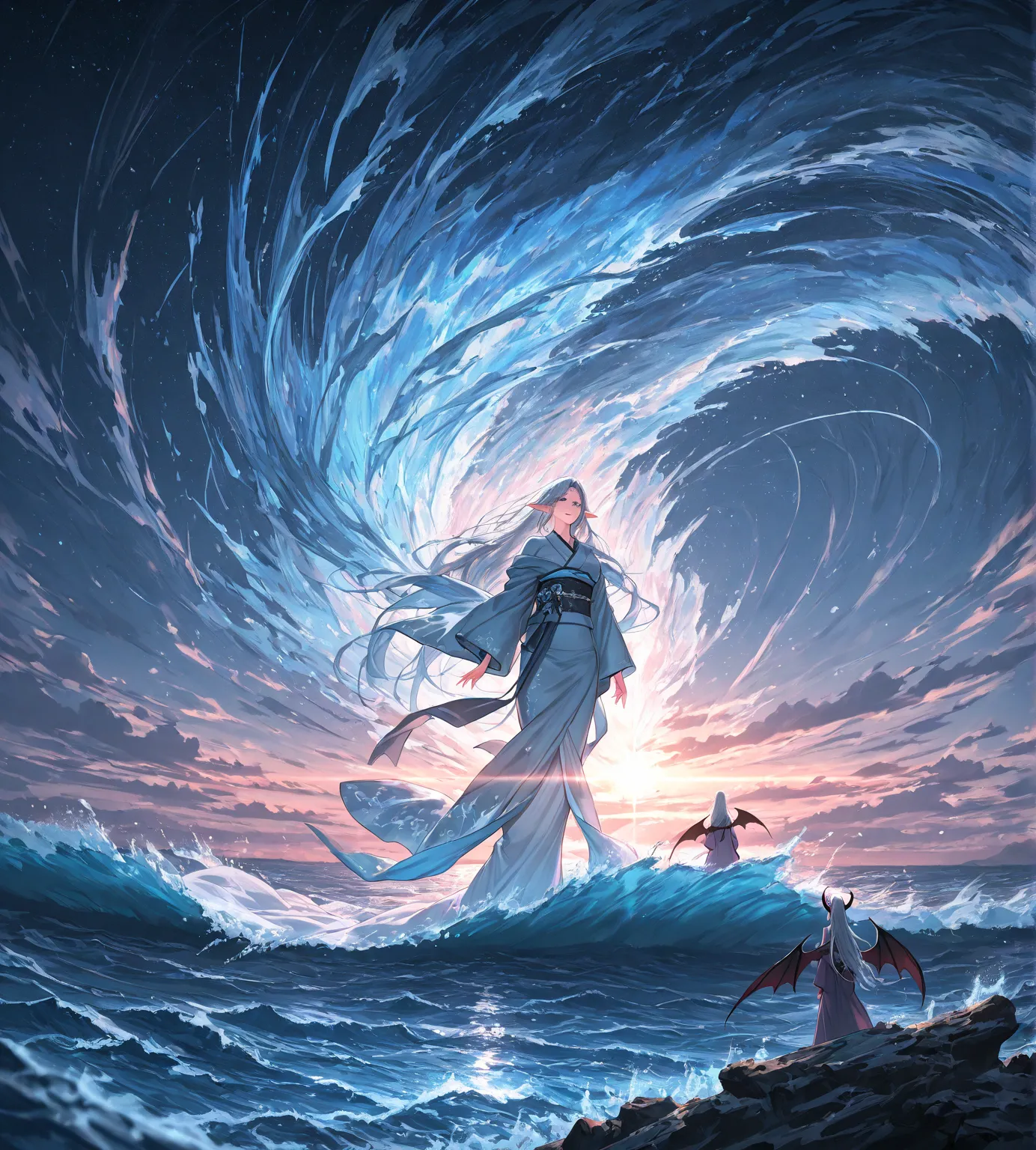 kimono,  huge shoreline , plantureuse, demon wings, elf ears,  blue eyes,  long hair,   ultra detailed , masterpiece, best quality skirt, 8k, Foreground with upper body 