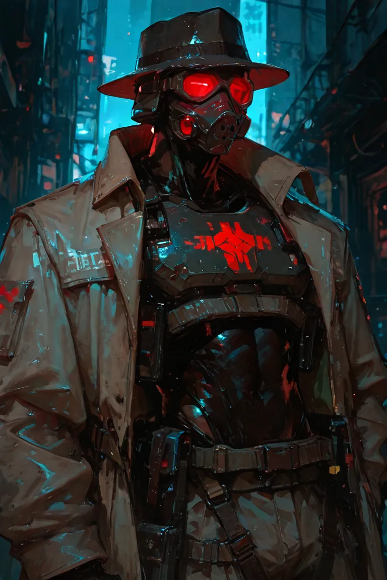 masterpiece, newest, absurdres, safe Solo, high detailed, male, handsome masculine male. Masculine male. Handsome Male, red lenses, red goggles, night vision goggles, faceless, hidden face, villain, black fedora, black crop top, tactical gear, mask, gasmas...