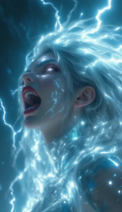 ((Masterpiece, top quality, high resolution, highly detailed CG unified 8K wallpaper)), close-up shot, an electrifying moment as a thunder goddess unleashes a deafening, primal roar, her mouth wide open in an expression of raw fury:1.3, glowing runic tatto...