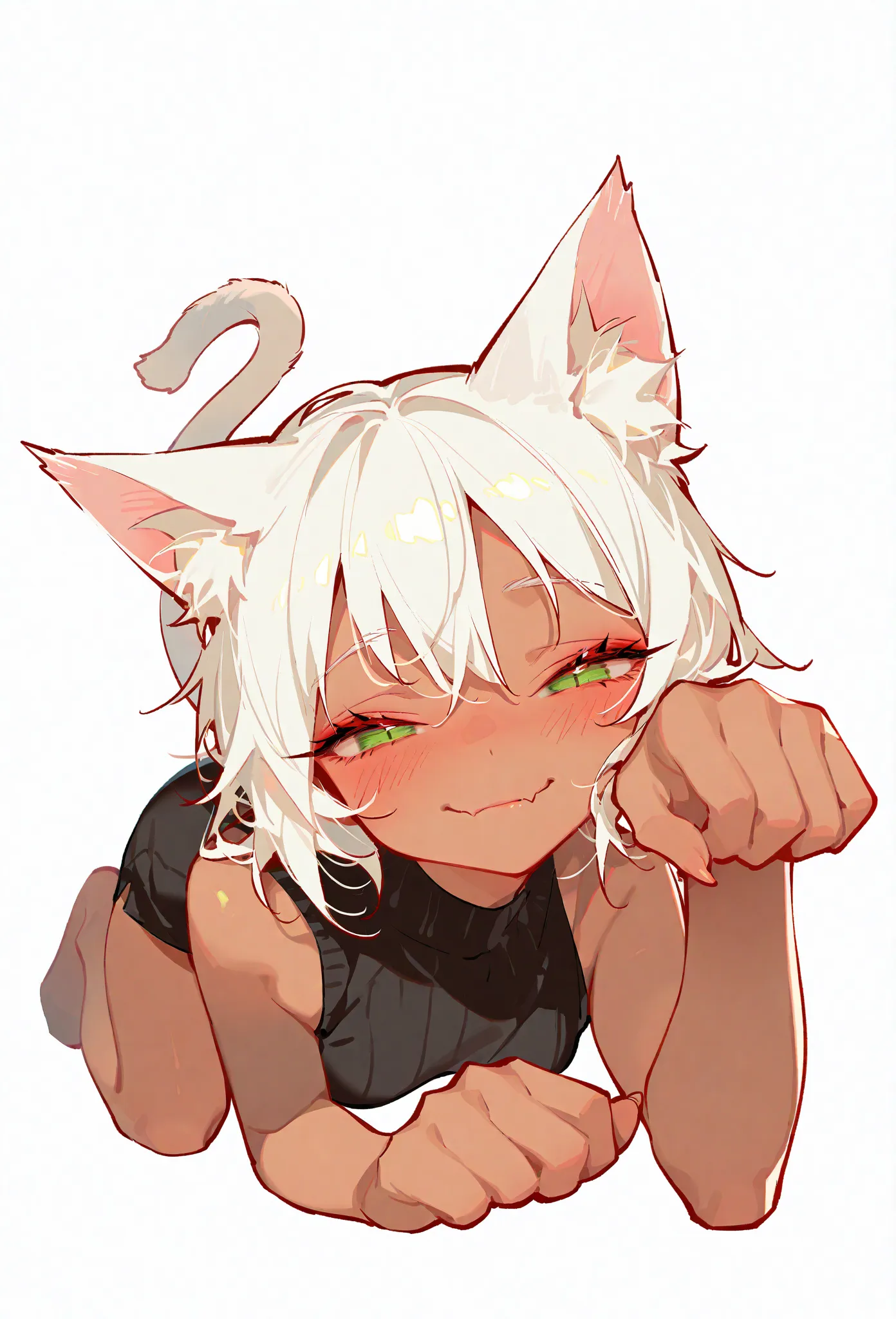 very awa, masterpiece, highres, absurdres, newest, year 2024, year 2023,
1girl, cat ears, leaning forward,  foreshortening, all fours, fang out, skin fang, blush, slit pupils, narrowed eyes, half-closed eyes, cat tail, happy, 
white hair, green eyes, dark ...