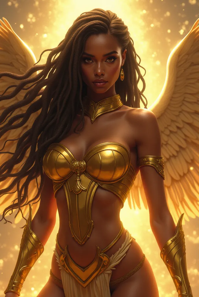 Female, Goddess, Divine, Holy, Brown skin, Dreadlocks, Holy armor, no helmet, gold aura, animated, beautiful face, gorgeous, nice curvy slender body, holy enchantment Axe, Retribution, emotionless face, sexy, nsfw