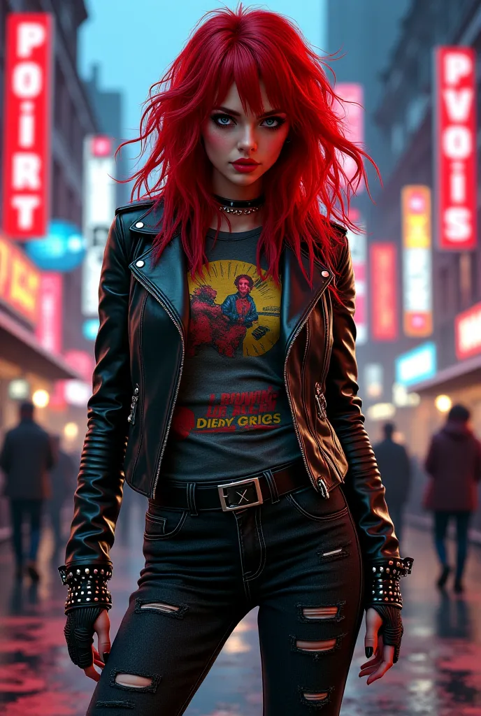  Red-haired girl dressed as a rocker 