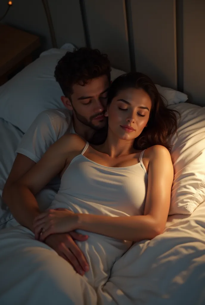 realistic son spooning his mother from behind in bed, his arm laying over her waist.