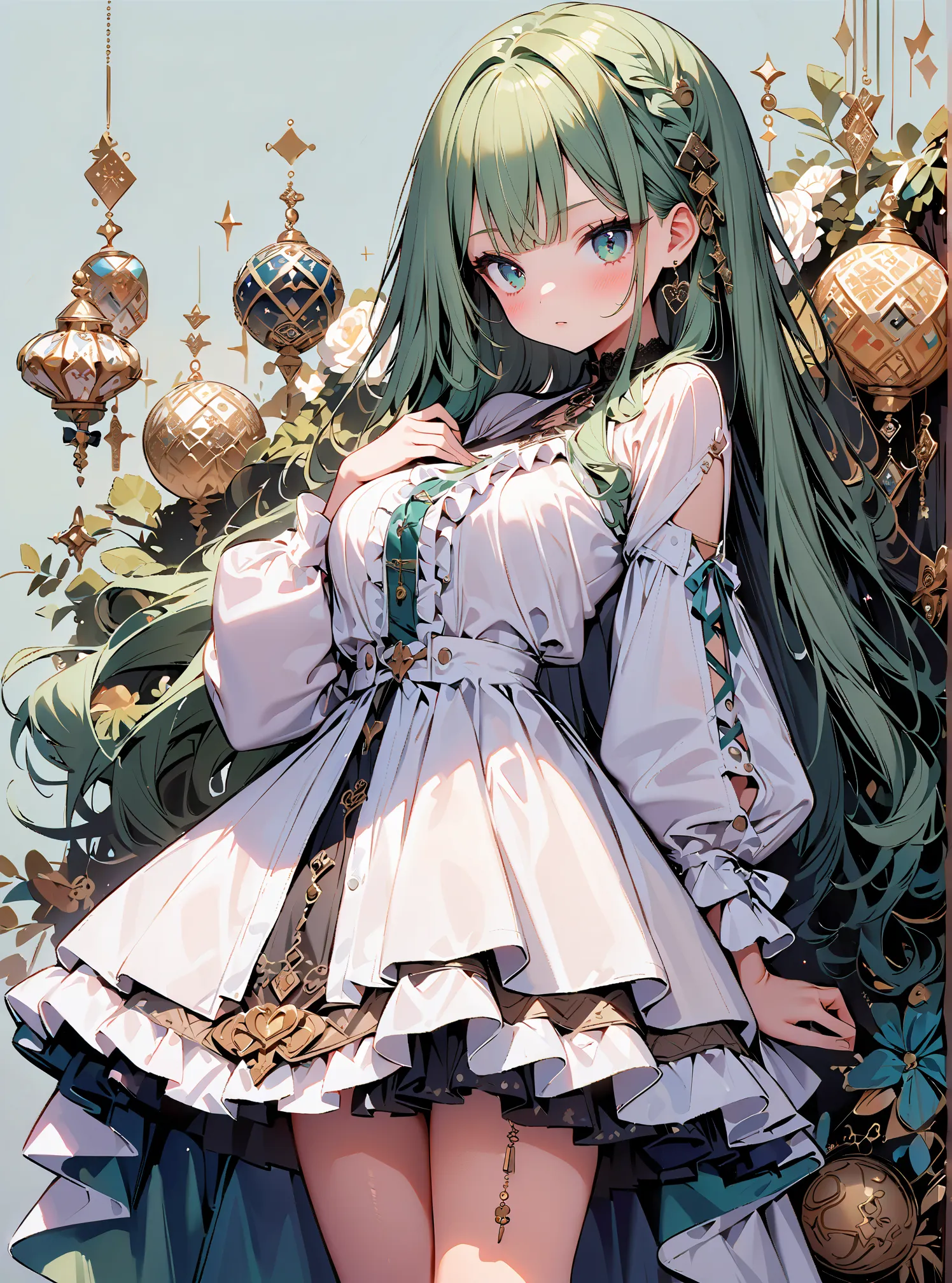 1 Girl, cute, (((masterpiece))), many decorations, high quality, high quality, (((extremely detailed))), 8k, background design,Long Hair,(((aqua-green straight hair))),bun hair,gothic,frill,lace,black,gold,bangs bang,(((background Design))),kirakira,(((
Co...