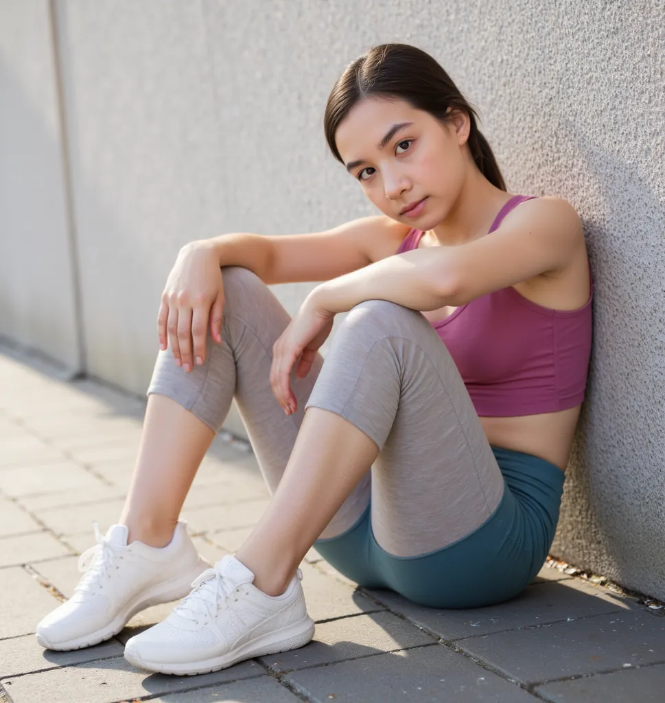 beautiful young woman in leggings sitting, black hair, 