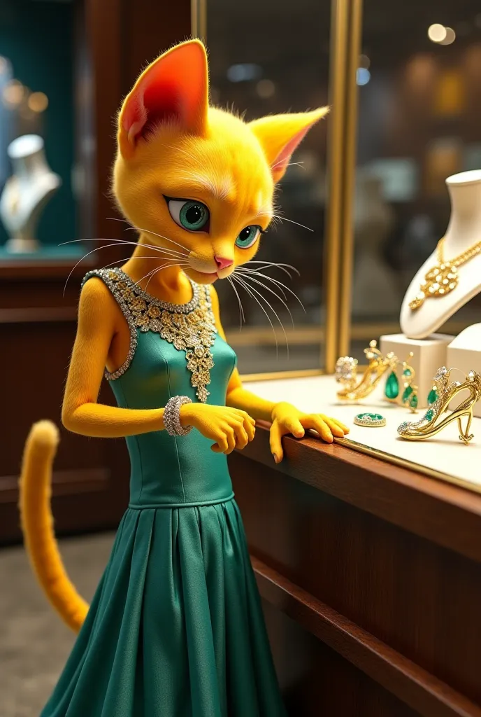 A stunning anthropomorphic yellow cat, with a well-defined feline face — large and expressive eyes, delicate muzzle and ears pointy — take a close look at an emerald necklace in a luxurious watch shop. Her slender and elegant body is shaped like a woman, b...