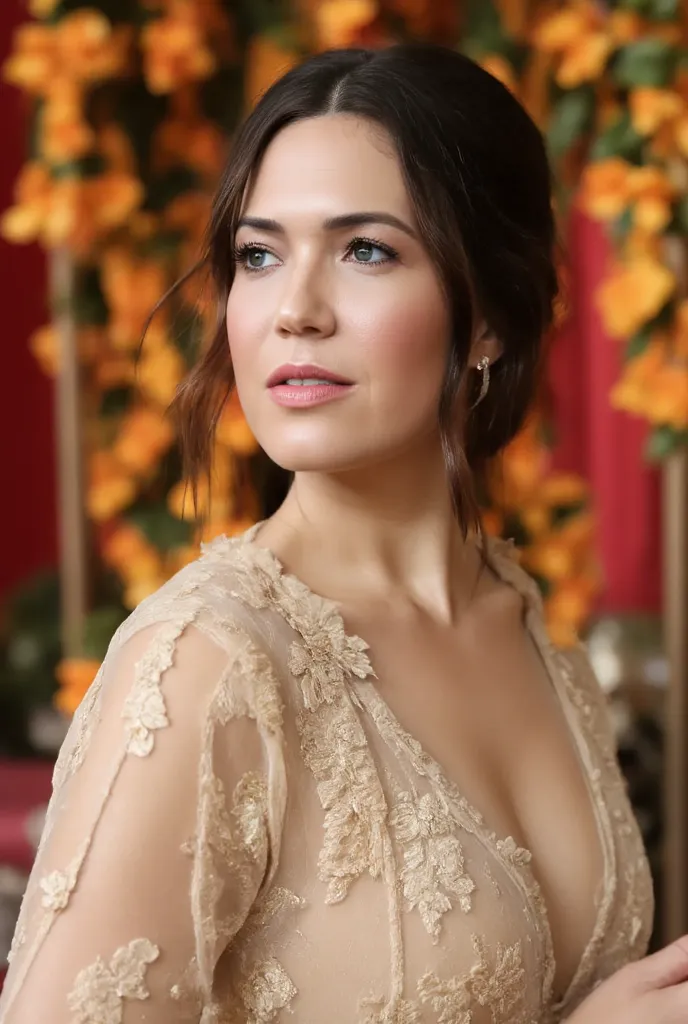 best quality, highres, 8k, masterpiece, photography, detailed midbody photorealistic portrait. Mandy Moore embraces imperial majesty in an ivory silk chemise with golden dragon embroidery, layered with a sheer chiffon robe decorated with intricate phoenix ...