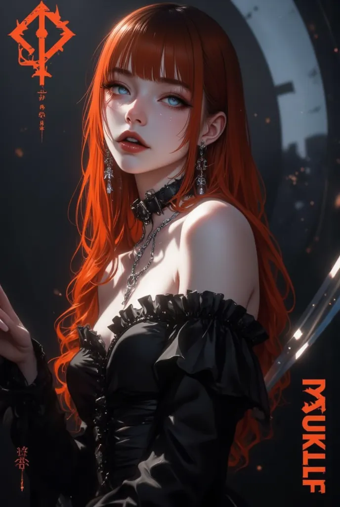 Orange-haired woman,  dark orange hair ,  long hair in layers, parts, dark labial, black dress with long sleeves and bare shoulders, sexy, bangs,  elegant, light blue eyes,fair skin,  thin, gothic.