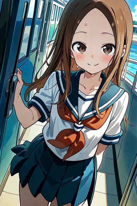 (())、nsfw, masterpiece,  top quality ,  High Resolution, very detailed ,\(Good at teasing\),  long hair、 brown hair、   split van ,amount、collarbone、  sailor suit 、  sailor color  、   red neckerchief 、  white shirt、Short sleeve、  Pleated Skirt、  blue skirt ...