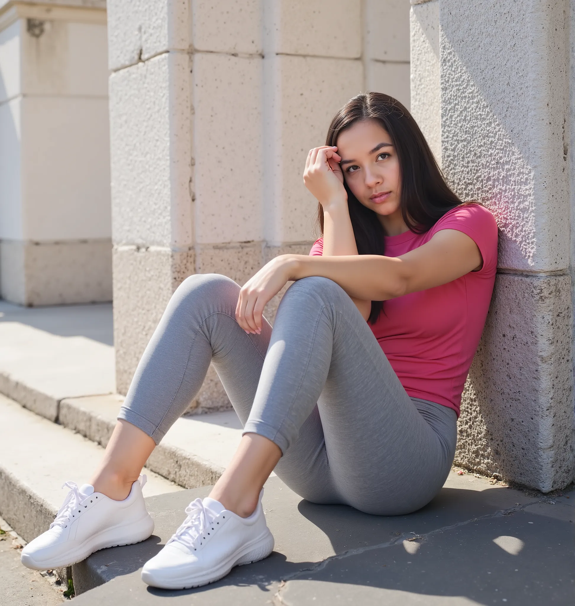 beautiful young woman in leggings sitting, black hair, 