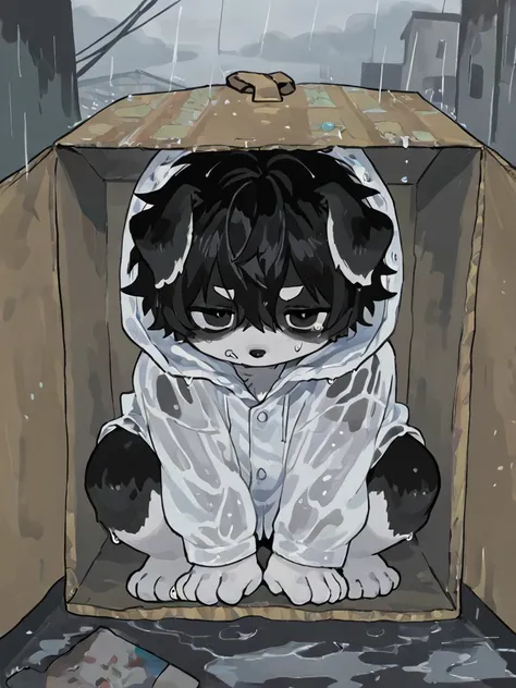  source_ furry, hadrian , furry male， elementary school students，((boy  )),  Dog boy   ，short hair,masterpiece, newest,absurdres, incredibly absurdres, messy hair，cloudy day， black fur， white body ，cry，Wet Clothes，alone，barefoot，white shirt， in the box, in...