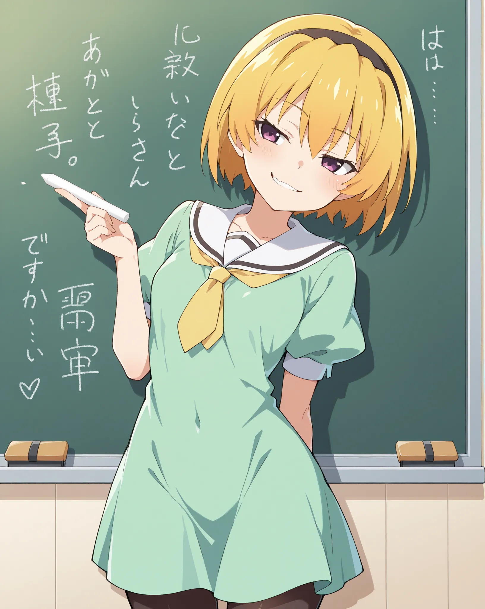 score_9,  score_8_up    , score_7_up   
 BREAK 
source_anime,  blackboard , Chalk, 白とカラーChalk, Classroom atmosphere,背景は落書きのある blackboard 
BREAK 
1 girl, alone, satokoIllustrious, short hair, bangs, blonde hair, hair between eyes, purple eyes, black hairban...