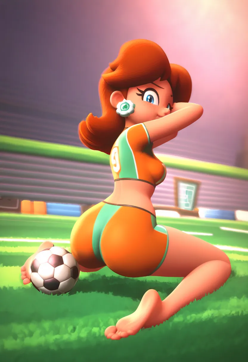 Score_9, score_8_up, score_7_up, 1girl, Pr1nc3ssD41sy, striker outfit, soccer ball, soccer field, crop top, shorts, midriff, full body, feet, barefoot,