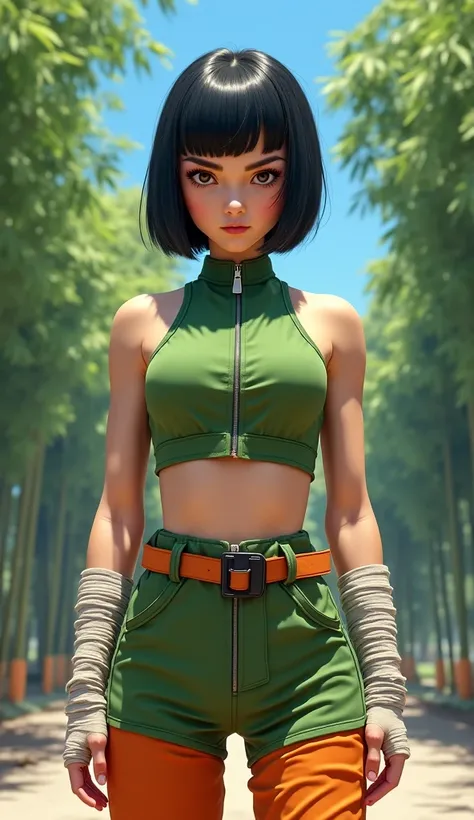 A realistic reimagination of Rock Lee as a strong and confident young woman. She has fair skin, large round brown eyes, and short, sleek black hair with bangs styled into Lee’s iconic bowl cut. She wears a tight-fitting green jumpsuit that hugs her athleti...