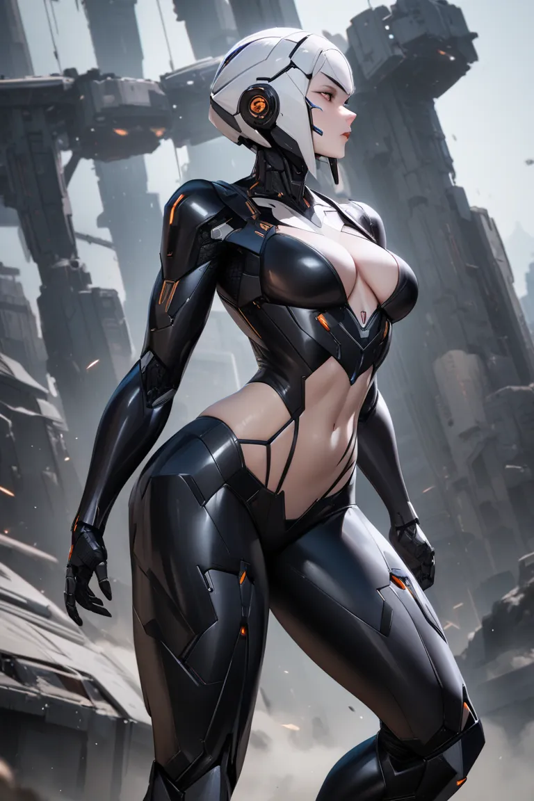 Beautiful cybernetic girl realistic masterpieces full figure pose (best quality,ultra-detailed), short white hair, fair skin, fit body, slim figure, narrow waist, wearing a full black carbon fiber cybernetic mobile battle suit, Bare back, bare hips, neckli...