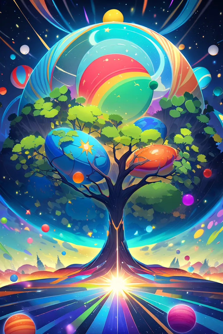 A planet consisting only of green life and a giant tree reaching up to the clouds with three moons and a giant sun, a colorful and lively setting with very strong and striking colors, a planet in the middle of the universe.