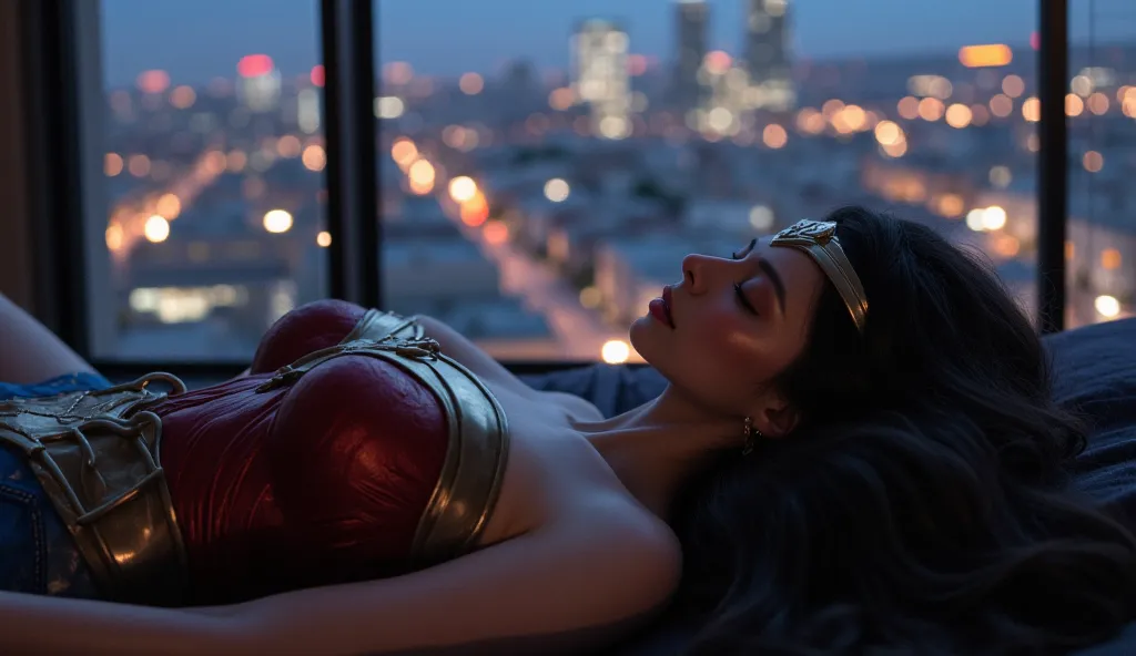 beautiful wonder woman, sleeping, big breasts, eyes close, extremely detailed eyes and face, long eye lashes, detailed skin, detailed fabric, detailed hair,, View from an apartment window, looking out onto the windows of other apartments nearby at night, i...